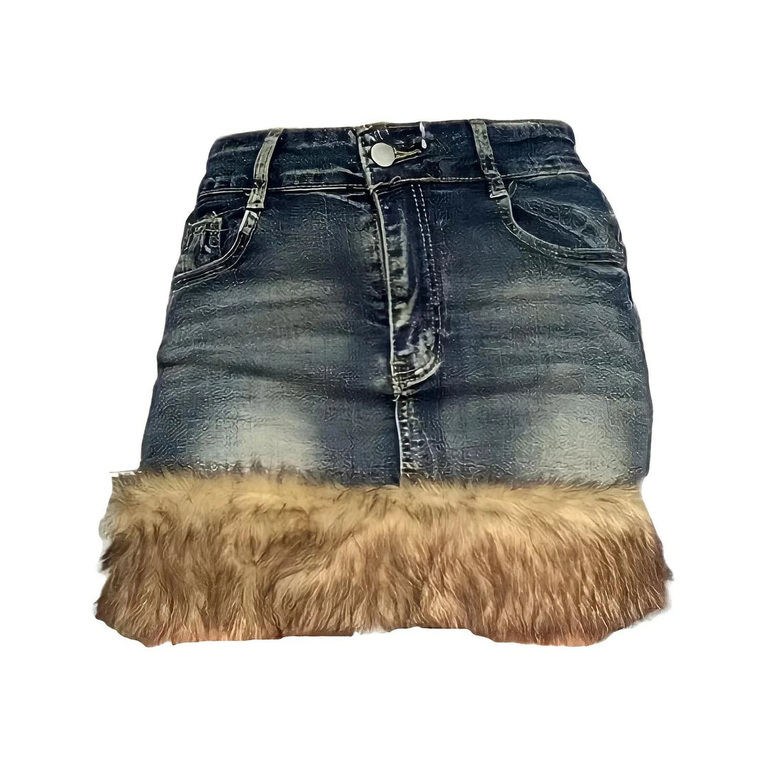 Tia Denim Faux Fur Mini Skirt